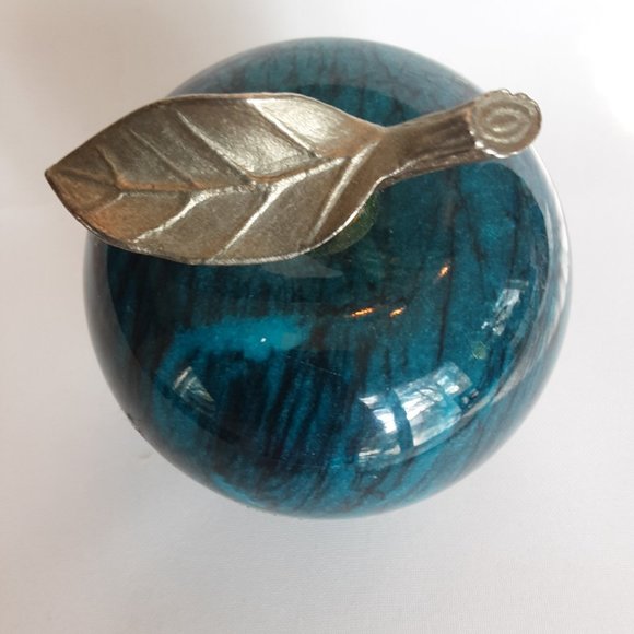 Vintage Green Marble Apple with Brass Leaf and Stem - Picture 5 of 7